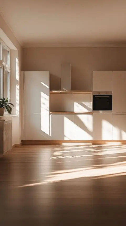 Minimalist kitchen with white cabinets, wood floor, sunlight streaming through large windows, and a potted plant on the left.