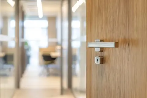 A slightly open wooden office door with a modern handle, leading to a bright hallway with glass-walled rooms.